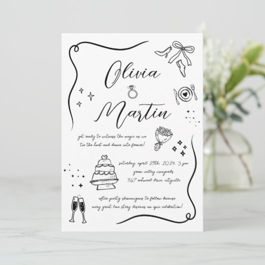 Hand getrokken Leuk Doodle Zwart en Wit Bruiloft Kaart (Staand voorkant)