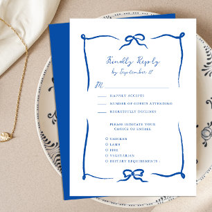 Hand getrokken lint Doodle Frans blauw bruiloft RSVP Kaartje