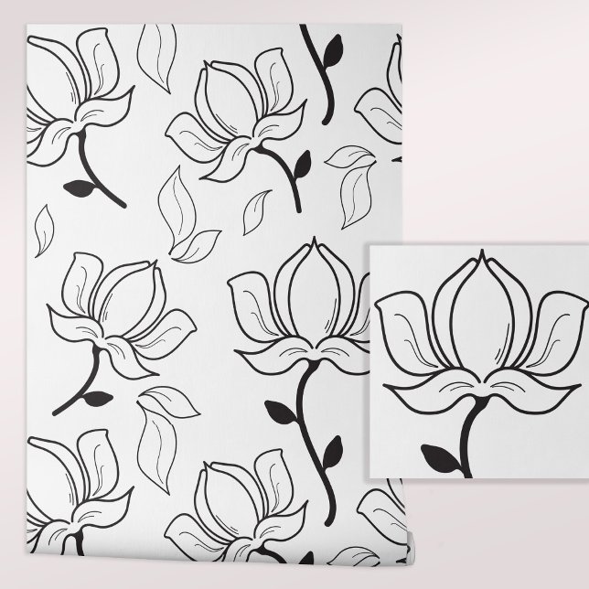 Hand getrokken Magnolia's Bloemen Zwart Wit Behang (Stylish Magnolia Pattern Peel and Stick Wallpaper.)
