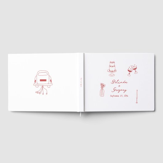 Hand getrokken Maroon Illustraties Doodles bruilof Gastenboek (Volledig)
