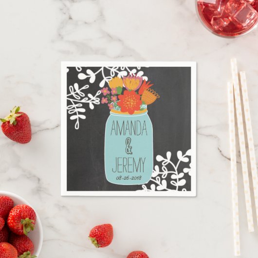 Hand getrokken Mason Jar & Bloemen op krijtbord Servetten (Insitu)