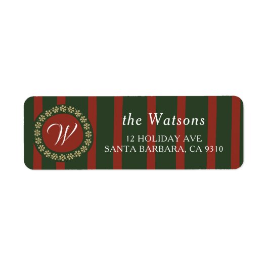 Hand getrokken  Monogram Rood Groene Streep Xmas Etiket (Voorkant)