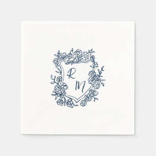 Hand getrokken Navy Blue Floral Crest Monogram Huw Servet