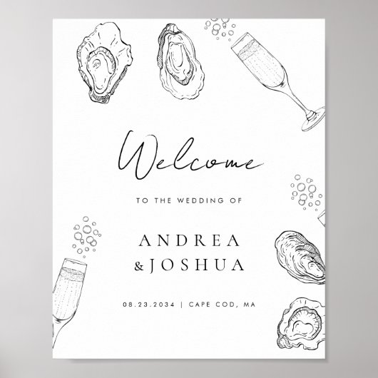 Hand getrokken Oesters Champagne Script Welkom tek Poster (Voorkant)