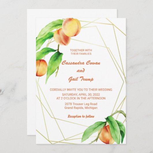 Hand getrokken perziken Waterverf bruiloft uitnodi Kaart (Voorkant / Achterkant)
