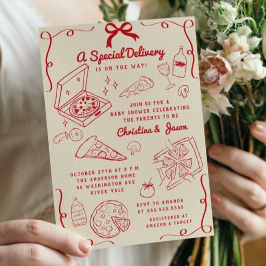 Hand getrokken Pizza Baby shower Kaart
