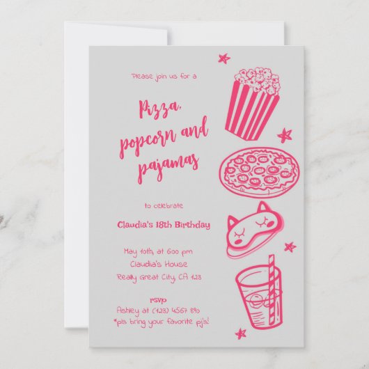 Hand getrokken pizza Popcorn en pyjama uitnodiging (Voorkant)