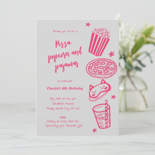 Hand getrokken pizza Popcorn en pyjama uitnodiging (Staand voorkant)