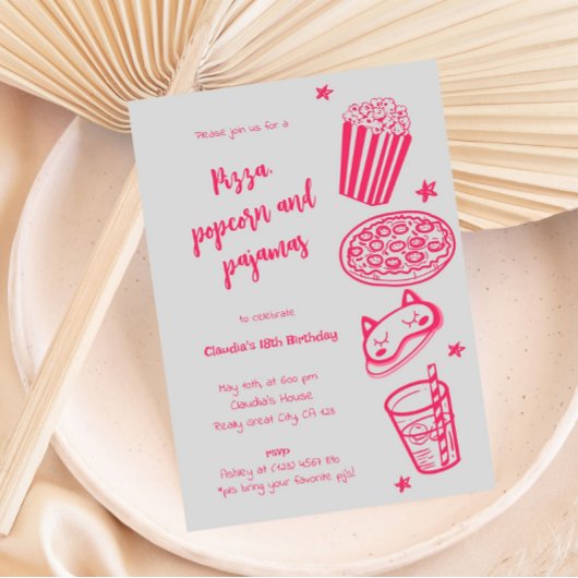 Hand getrokken pizza Popcorn en pyjama uitnodiging