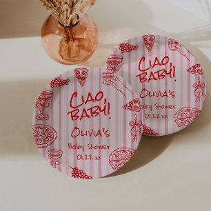 Hand getrokken Pizza Roze Rode Ciao Baby shower Papieren Bordje