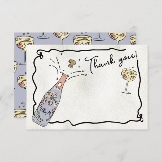 Hand getrokken Presecco en bloemblaadjes Dank u ka Kaart (Voorkant / Achterkant)