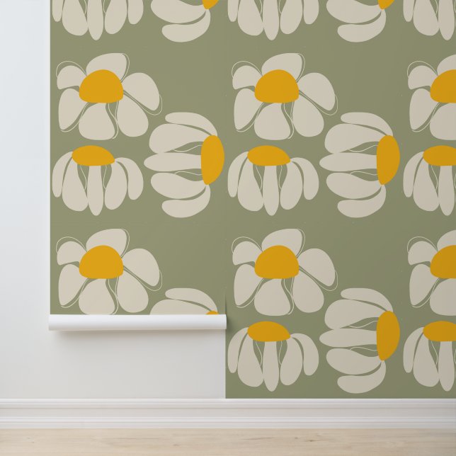 Hand getrokken retro dasies groot bloemengroen behang (Applicatie)