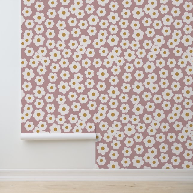 Hand getrokken retro dasies roze bloemen behang (Applicatie)
