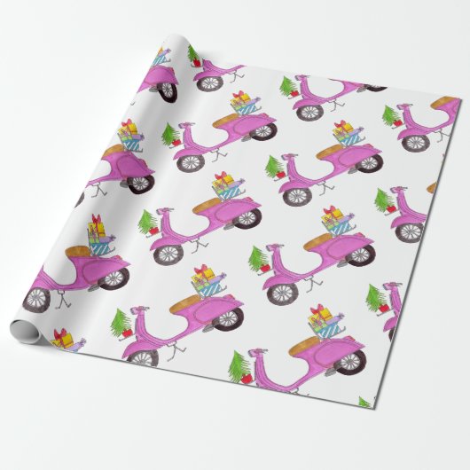 Hand getrokken retro kerstscooter Inpakpapier (Uitgerold)