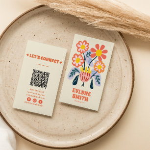 Hand getrokken Retro Kleurrijke QR Code Floral Uni Visitekaartje