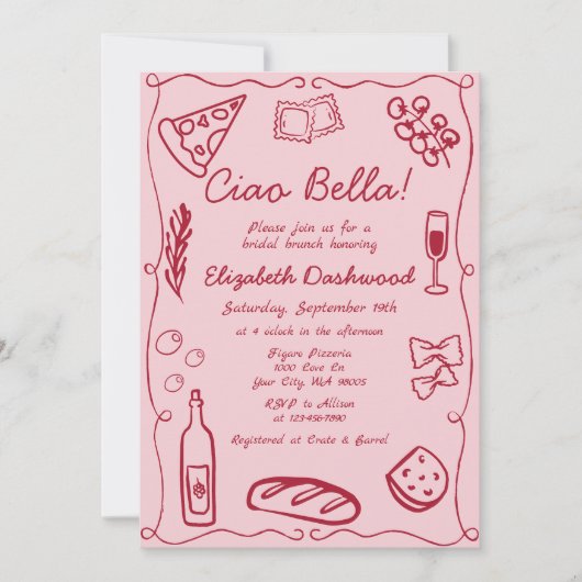 Hand getrokken Retro Rood Italiaans Casual Bruids Kaart (Voorkant)