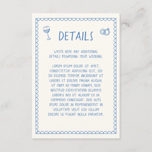 Hand getrokken retro schets blauwe bruiloft detail informatiekaartje (Voorkant)