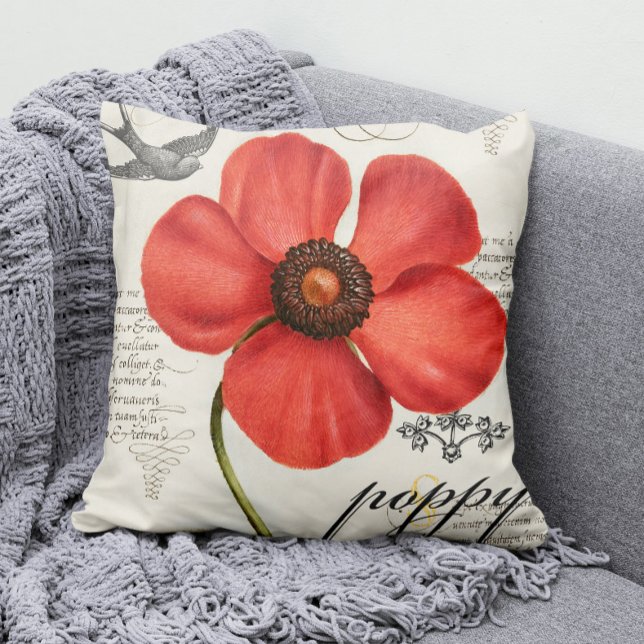 Hand-getrokken  rode klaproos Pop van kleur Kussen (Our Vintage Red Poppy Throw Pillow Adds a Splash of Color to Any Room!)