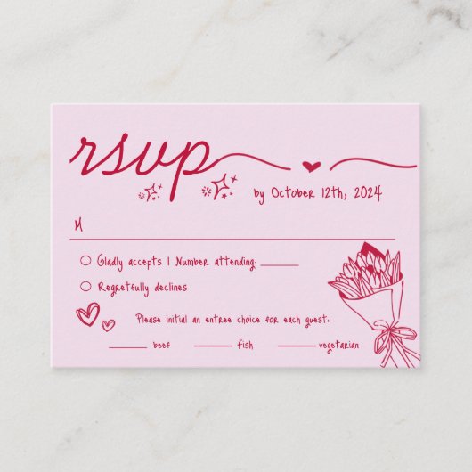 Hand getrokken rode krabbel eigenzinnige RSVP brui Informatiekaartje (Voorkant)