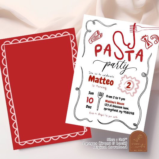 Hand getrokken rode pasta partij verjaardag kaart