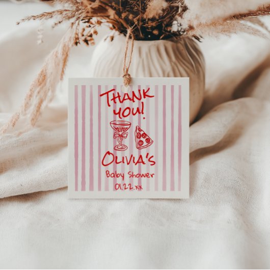 Hand getrokken rode pizza speciale levering douche bedankjes labels