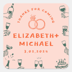 Hand getrokken Rood Roze Funky Bruiloft Vierkante Sticker