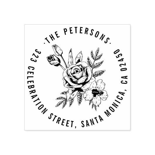 Hand-getrokken Rose Boeket Ronde Naam Retouradres Rubberstempel (Afrduk)