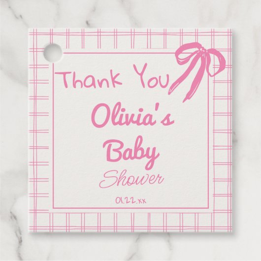 Hand getrokken Roze Bow Gingham Baby Meisje Douche Bedankjes Labels (Voorkant)