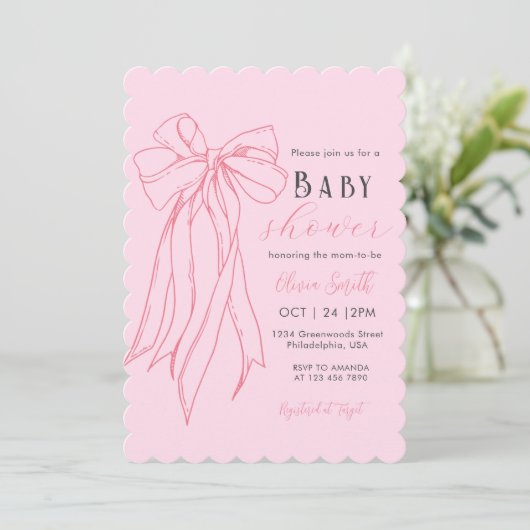 Hand getrokken roze Coquette Bow Girl Baby shower Kaart (Staand voorkant)