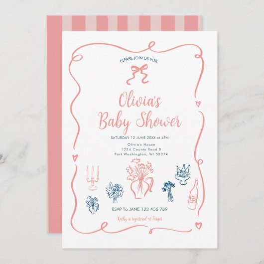 Hand getrokken roze perzik Baby shower uitnodiging (Voorkant / Achterkant)