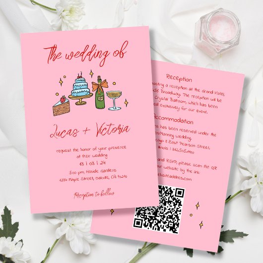 Hand getrokken Roze Retro Whimsical QR Code Bruilo Kaart