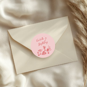 Hand getrokken roze rood servies Verjaardag Brunch Ronde Sticker