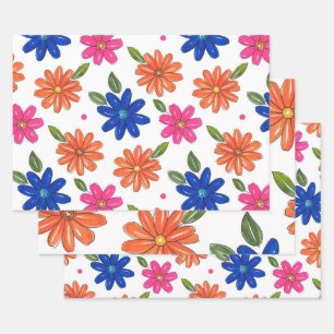 Hand getrokken roze, Sinaasappel, blauw bloemen Inpakpapier Vel