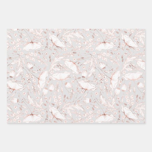 Hand-getrokken roze Wildflower Schets Patroon Eleg Inpakpapier Vel (Voorkant 3)