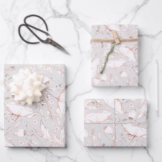 Hand-getrokken roze Wildflower Schets Patroon Eleg Inpakpapier Vel (Voorkant)