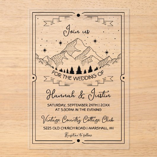 Hand getrokken Rustic Mountain Star hemel bruiloft Acryl Uitnodigingen (Voorkant)