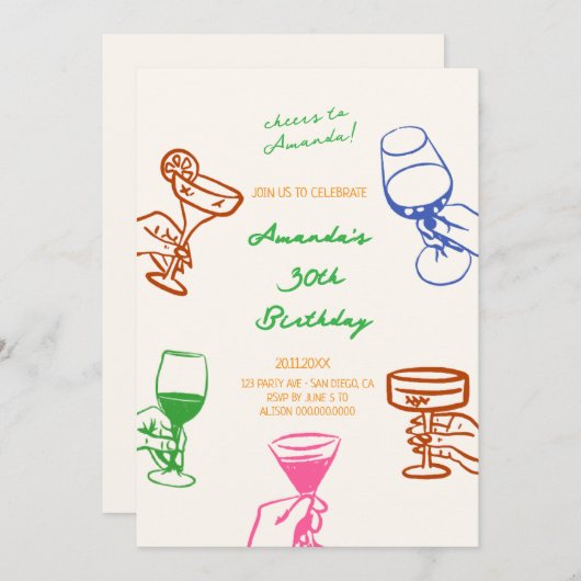 Hand getrokken Scribble Cocktail Verjaardag uitnod Kaart (Voorkant / Achterkant)