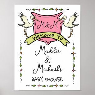 Hand getrokken Stork Crest Baby shower Welkomstbor Poster