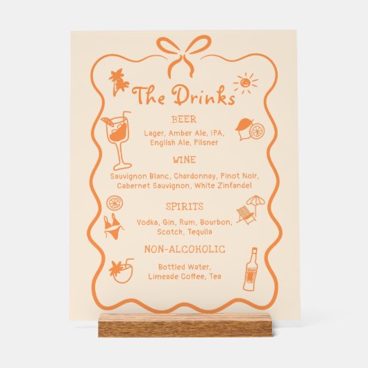 Hand getrokken Tropische Wedding Bar Drink Menu Acryl Bord (Voorkant)