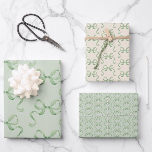 Hand getrokken Waterverf Green Bows Wrapping Paper (Voorkant)