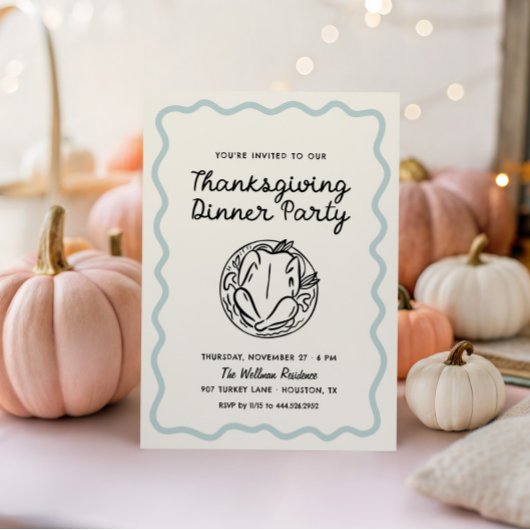 Hand getrokken Whimsy Blue Thanksgiving Dinner Uit Feestdagenkaart