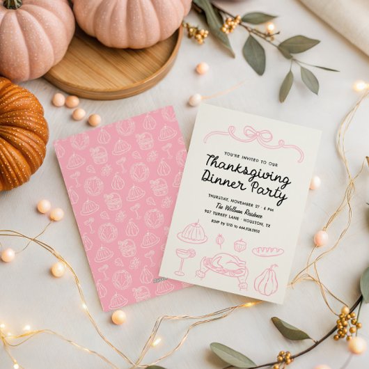 Hand getrokken Whimsy Bow Thanksgiving Diner Uitno Feestdagenkaart