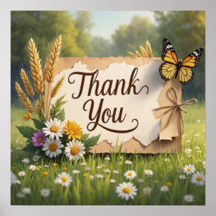 Hand getrokken wilde bloemen, tarwe stengels, vlin poster