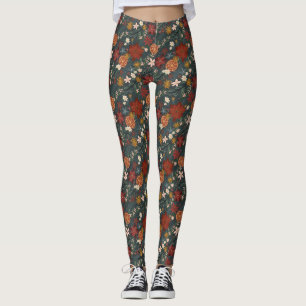 Hand getrokken  winterbloemen donkergroen leggings