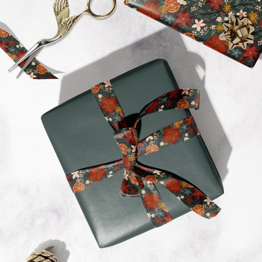 Hand getrokken  winterbloemen donkergroen lint