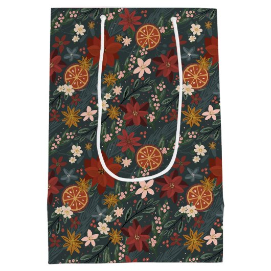 Hand getrokken winterbloemen donkergroen medium cadeauzakje (Achterkant)