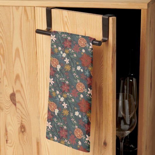 Hand getrokken  winterbloemen donkergroen theedoek (Derde Gevouwen)