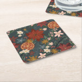 Hand getrokken winterbloemen donkergroen vierkante kartonnen onderzetter (Schuin)