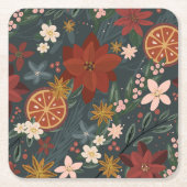 Hand getrokken winterbloemen donkergroen vierkante kartonnen onderzetter (Voorkant)