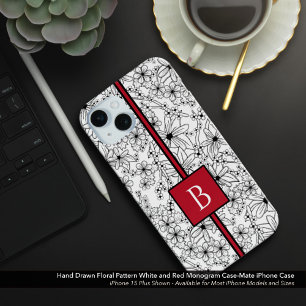 Hand getrokken wit bloemenpatroon en rood monogram iPhone 15 mini hoesje